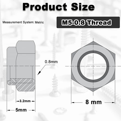 M5 X 0.8mm Nylon Inserted Hex Lock Nuts 100 Piece Bulk Kit product size diagram showing 5mm height and 8mm hex width