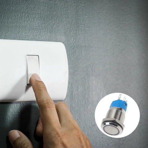 Stainless Steel Auto Reset Push Button Switch With White LED Ring Self Locking IP66 Waterproof Anti Rust Heavy Duty Industrial Control Starter Relay And Automotive Power Equipment, 16mm panel switch
