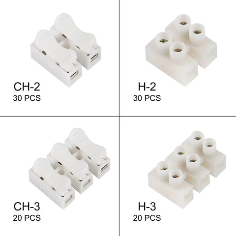 100 Piece Wire Connectors Kit With Plug And Play Quick Terminals For DIY Electronics And LED Strips, 2 Pin Clamp Blocks CH-2 CH-3 H-2 H-3