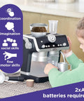 Front view of Casdon De'Longhi toy espresso machine for kids, silver and black plastic with cups