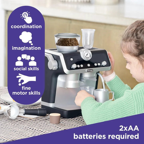 Front view of Casdon De'Longhi toy espresso machine for kids, silver and black plastic with cups
