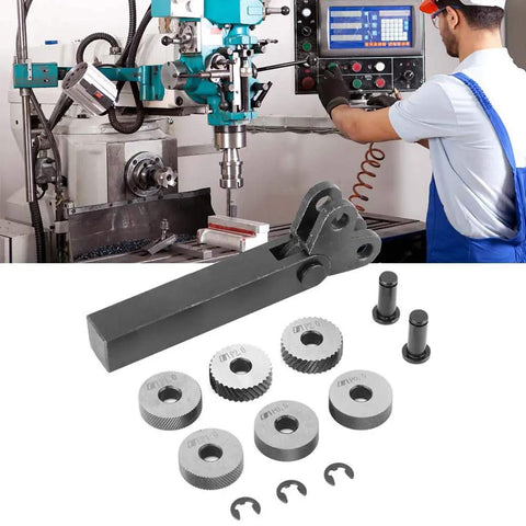 Two Wheel Knurling Tool For Lathe With Diagonal Slant Teeth, dual rollers and accessories, heavy duty steel, for metalworking.