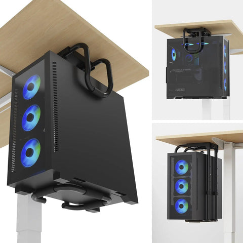 Heavy Duty Under Desk PC Mount Upgrade Your Battle Station With This Badass Adjustable CPU Bracket on a wood desk holding a PC.