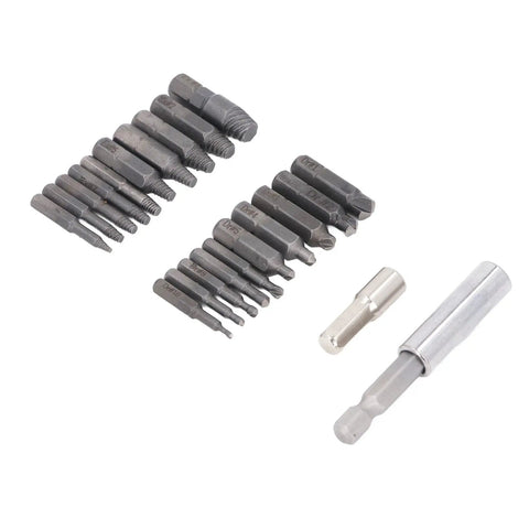 Get Your Hands On This 22-Piece Broken Bolt Remover Kit Made From Tough High-Speed Steel To Easily Extract Stuck Stripped Screws And Nuts With Built-In Drill Bit Holders For Serious Home And Auto Jobs, 22-piece HSS extractors on white background