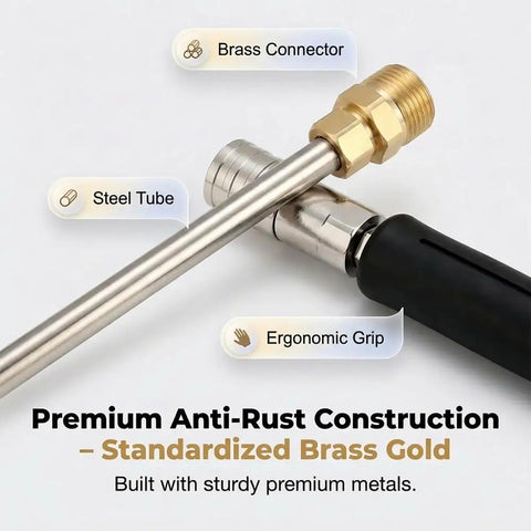 Heavy Duty High Pressure Washer Wand With Hydro Jet Power Spray Attachment showing brass connector and steel tube