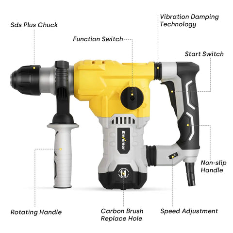 Heavy Duty 1-1/4 Inch SDS Plus Rotary Hammer Drill For Concrete And Stone, 12 Amp Electric Demolition Tool With Safety Clutch