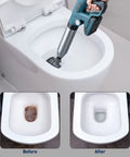 Electric Toilet Plunger Heavy Duty Portable Battery Powered 80 PSI Clog Buster in use with before and after toilet images.