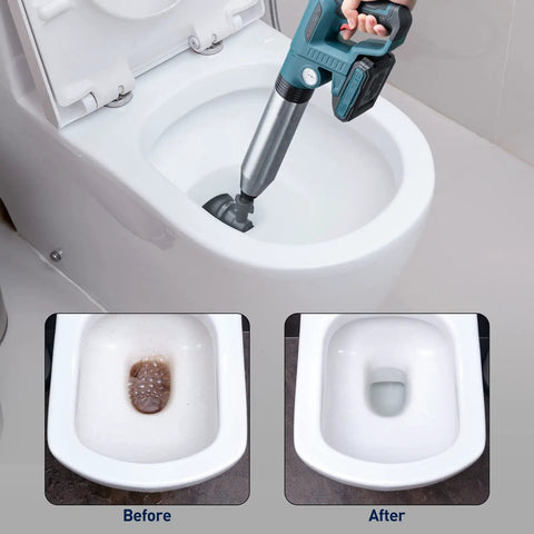 Electric Toilet Plunger Heavy Duty Portable Battery Powered 80 PSI Clog Buster in use with before and after toilet images.