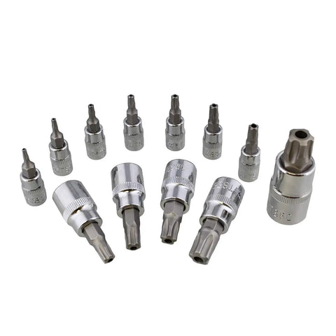 Top view of Torx Plus Socket Set 5 Star Tamper Proof Bits 12 Piece Torx Bit Socket Kit for Cars and Trucks with carrying case.