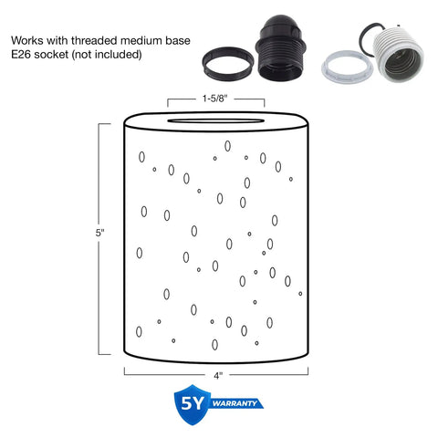 Diagram of Dope Frosted Glass Pendant Shades Set Of 3 For Bathroom Vanity And Chandelier Upgrade, Modern Cylinder Design, dimensions 5 by 4 inches, fits medium base sockets, with socket components illustration.