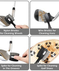 Two Pack Golf Club Brush With Magnetic Keychain And Oversized Cleaning Head in use on woods, irons, grooves, shoes
