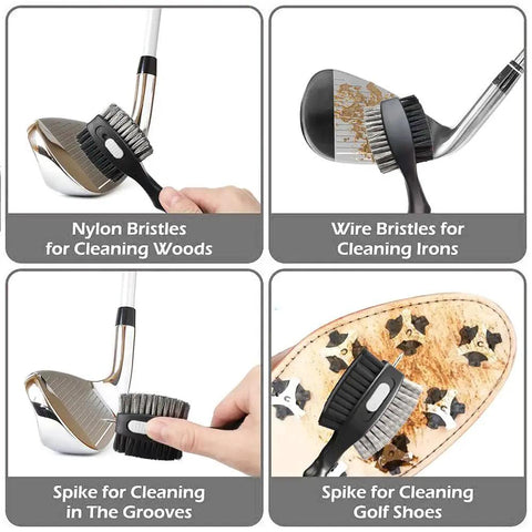 Two Pack Golf Club Brush With Magnetic Keychain And Oversized Cleaning Head in use on woods, irons, grooves, shoes
