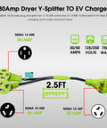 Rad 30 Amp 240 Volt Dryer Y Splitter Adapter Converts Nema 10 30 Male Plug To Dual Receptacles For Tesla Ev Charging And Vintage Home Dryers With Badass Stw Cord Setup 2.5ft diagram showing plugs and specifications.