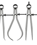 Front view of a 3-piece 8-inch caliper/divider set in metal, includes inside/outside spring calipers for woodworking