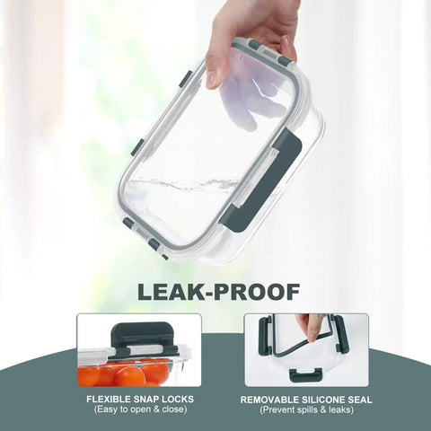 Airtight 10 Pack Glass Food Storage Containers With Lids For Meal Prep, featuring leakproof design with flexible snap locks and silicone seal.