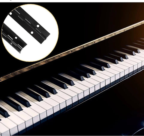 Heavy Duty Piano Hinges 4 Pack 12 Inches By 1.2 Inches Black Stainless Steel shown on piano
