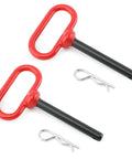 Half Inch Trailer Hitch Pin And Clip Set For Trailers With Quick Hook Up And Unhook For Tow Gear And Utility Vehicles Two Pack Includes Three And Five Eighths Inch Shank And R Clips For Tractors Lawn Mowers Golf Carts RVs And ATVs showing two red-handled pins with R clips