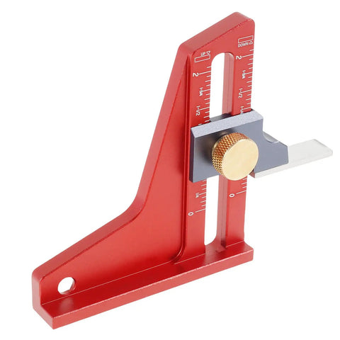 Front view of Height And Depth Gauge For Woodworking Tools Pro Grade Aluminum Alloy Build 0 To 2 Inch Range With One Sixteenth Inch Precision CNC Machined Anodized Red Finish Ideal For Table Saws Drill Press Router And More.