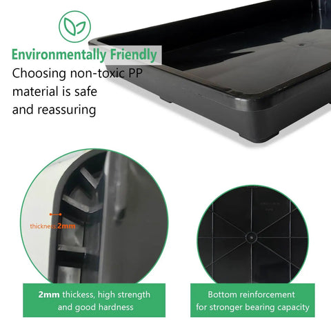 Close-up of black heavy-duty nursery plant tray, highlighting 2mm thickness, non-toxic PP material, and reinforced bottom design.