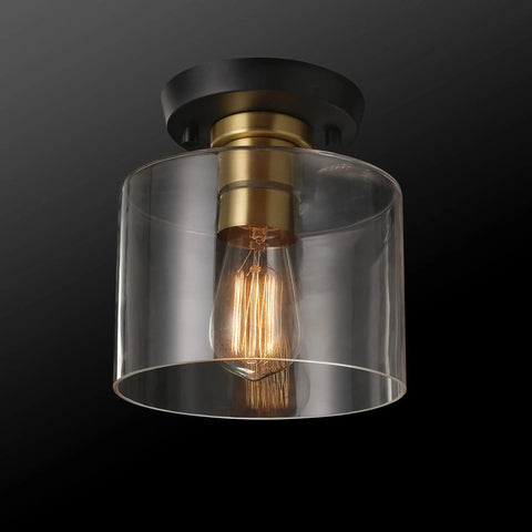 Polly 1 Light Flush Mount Ceiling Light With Black Finish, Clear Glass Shade, Antique Brass Socket, Vintage Edison Bulb Included