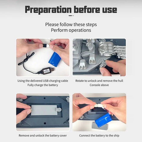 Step-by-step guide for using Remote Control Warship Battle Boat For Lakes And Rivers, 1:390 Scale RC Military Battleship battery setup.