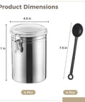 Dimensions of Heavy Duty Stainless Steel Canisters With Airtight Lock Buckles No Sweat Food Storage Jars and measuring scoop.