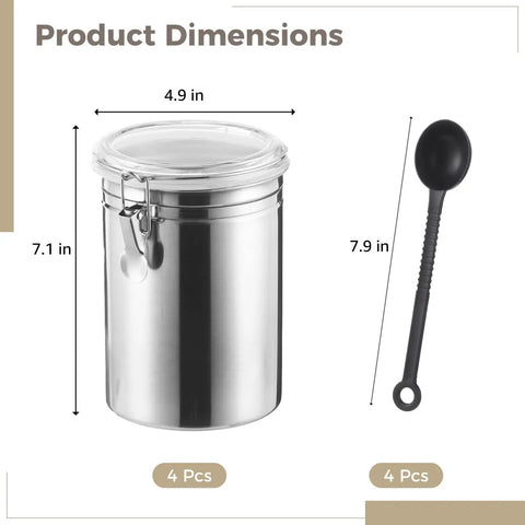 Dimensions of Heavy Duty Stainless Steel Canisters With Airtight Lock Buckles No Sweat Food Storage Jars and measuring scoop.