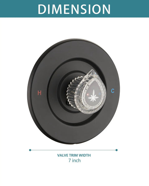 Moen Chateau Shower Trim Kit For Single Handle Valve With Matte Black Finish No Brainer Pull On Push Off Knob Compatible With 1220 And 1225 Cartridges Clear Hot Cold Labels On Knob And Escutcheon Includes Escutcheon Plate Cartridge Not Included. 7 inch valve trim width
