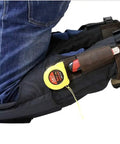 Side view of Self Supporting Knee Pads With Removable Shin Guards, Waterproof And Washable, with tool pouch showing tape measure and pliers.