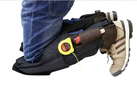 Side view of Self Supporting Knee Pads With Removable Shin Guards, Waterproof And Washable, with tool pouch showing tape measure and pliers.