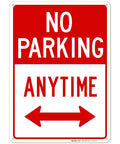 Heavy Duty No Parking Anytime Warning Sign With Bright Arrows in red, rust proof aluminum, ideal for front yard display.