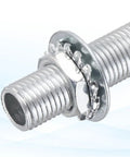 Close-up of a threaded tube with hex nut and washer, part of the Five Size Lamp Pipe Nipples Kit With Hex Nuts And Washers, 35 Pieces, One Quarter Inch Thread, All Threaded, Half Inch Outer Diameter, Hollow Lamp Rod Tubes For Do It Yourself Lamp Making And Chandelier Repair.