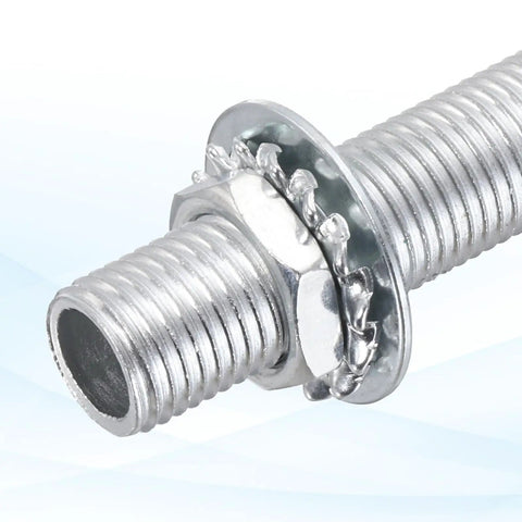 Close-up of a threaded tube with hex nut and washer, part of the Five Size Lamp Pipe Nipples Kit With Hex Nuts And Washers, 35 Pieces, One Quarter Inch Thread, All Threaded, Half Inch Outer Diameter, Hollow Lamp Rod Tubes For Do It Yourself Lamp Making And Chandelier Repair.