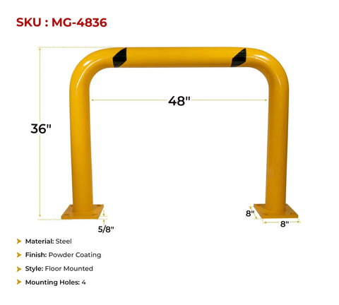 4 Pack Built Tough High Profile Steel Machine Guard Rails 36x48 Floor Mounted Yellow Powder Coat With Black Visibility Stripes