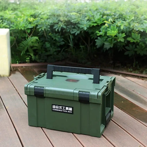 Durable Plastic Tool Box With Comfortable Handle Stackable Organizer Multifunctional Storage Case on outdoor deck