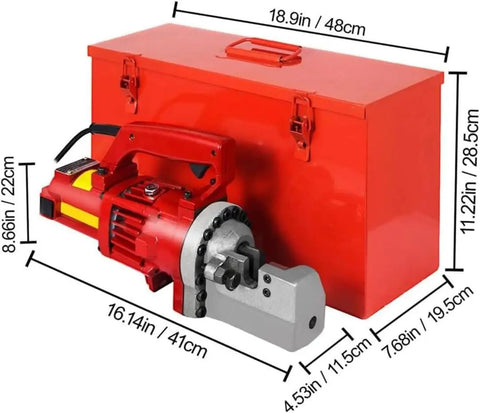 Professional Electric Rebar Cutter With Robust Hydraulic System For Smooth Cutting Of 4mm To 20mm Steel Bars next to red transport case.