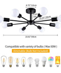 6 Light Sputnik Style Semi Flush Mount Ceiling Fixture in Black Finish, dimensions and bulb compatibility, UL Listed Safety