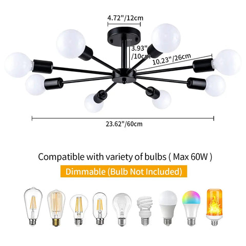 6 Light Sputnik Style Semi Flush Mount Ceiling Fixture in Black Finish, dimensions and bulb compatibility, UL Listed Safety