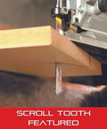 Scroll saw cutting wood with Bi-Metal Dual Cut Wood Jig Saw Blade For Burr-Free Cuts, 2 Inch Length, 3/16 Inch Width, 0.050 Inch Thickness, 9-19 TPI, Alternate Set Type