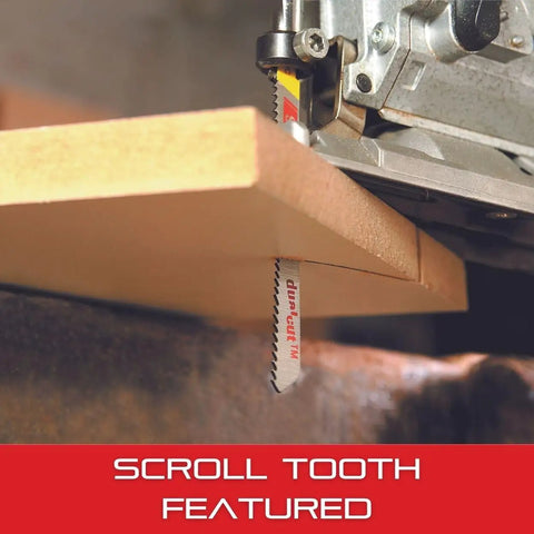 Scroll saw cutting wood with Bi-Metal Dual Cut Wood Jig Saw Blade For Burr-Free Cuts, 2 Inch Length, 3/16 Inch Width, 0.050 Inch Thickness, 9-19 TPI, Alternate Set Type