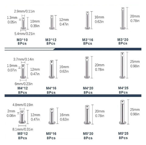 96 Piece Stainless Steel Metric Hole Clevis Pin Set Flat Head Cylindrical Pins M3 M4 M5 Assorted For Machinery Auto Farm And Furniture