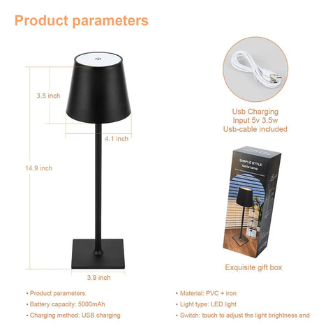 2-Pack Cordless Desk Lamp Go-To Table Light Rechargeable USB 3W 5000mAh Battery With Stepless Dimming IP54 Waterproof Portable Modern Lighting For Restaurant Dining Bedroom Outdoor Black