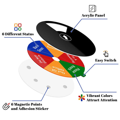 Exploded view of black Office Door Sign With Six Status Options Do Not Disturb Please Knock In A Meeting Working Remotely