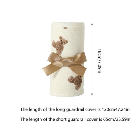 Breathable Cotton Gauze Bed Rail Teething Protector For Crib Sides in rolled form with teddy bear design and measurements displayed