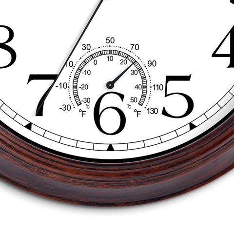 Close-up of Vintage Bronze 8.5 Inch Outdoor Wall Clock With Thermometer Silent Battery Operated Retro Vibes Non Tick Clock face