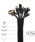 4 Pack Cable Management Sleeve With Zipper 19 To 20 Inch Length Neoprene Wire Wrap for TV Computer Office Cords, Black