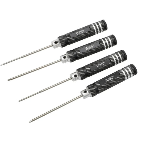 Four Piece SAE Hex Screwdriver Set With Anti Slip Handle For DIY Projects And Tiny Model Mods Includes 0.05 Inch One Sixteenth Inch Three Thirty Seconds Inch And Five Sixty Fourth Inch Hex Wrenches Built From Durable Steel For Precise Repairs