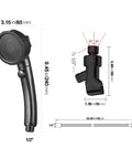 Diagram showing dimensions of High Pressure Handheld Shower Head With On Off Pause Switch No Hassle 3 Spray Modes, hose, bracket.
