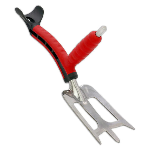 Dual Grip Garden Hand Fork Cultivator And Weeder With Soft Touch Ergonomic Handles, red grips, steel tines, angled view