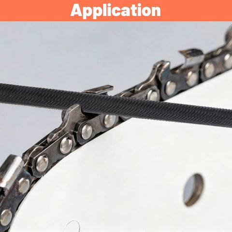 Close-up of Three Pack 1/8 Inch Chainsaw File Set for Quick Sharpening of Chainsaw Teeth, showing file in use on chain.